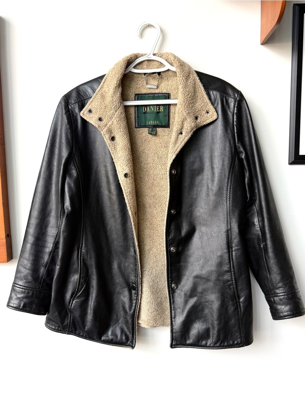 Danier Black Leather Pea Coat with Cream Sherpa Interior